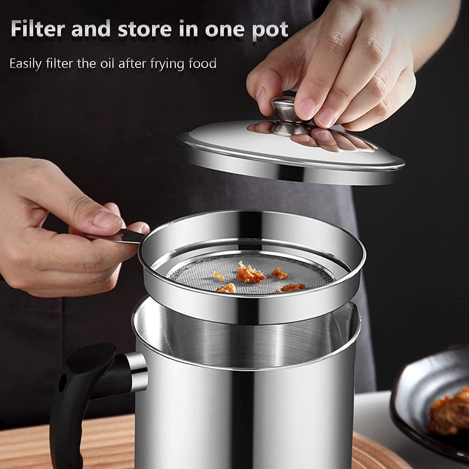 Stainless Steel Oil Strainer Pot with Lid and Filter Mesh (1 Set) Stainless Steel Oil Strainer Pot with Lid and Filter Mesh (1 Set)